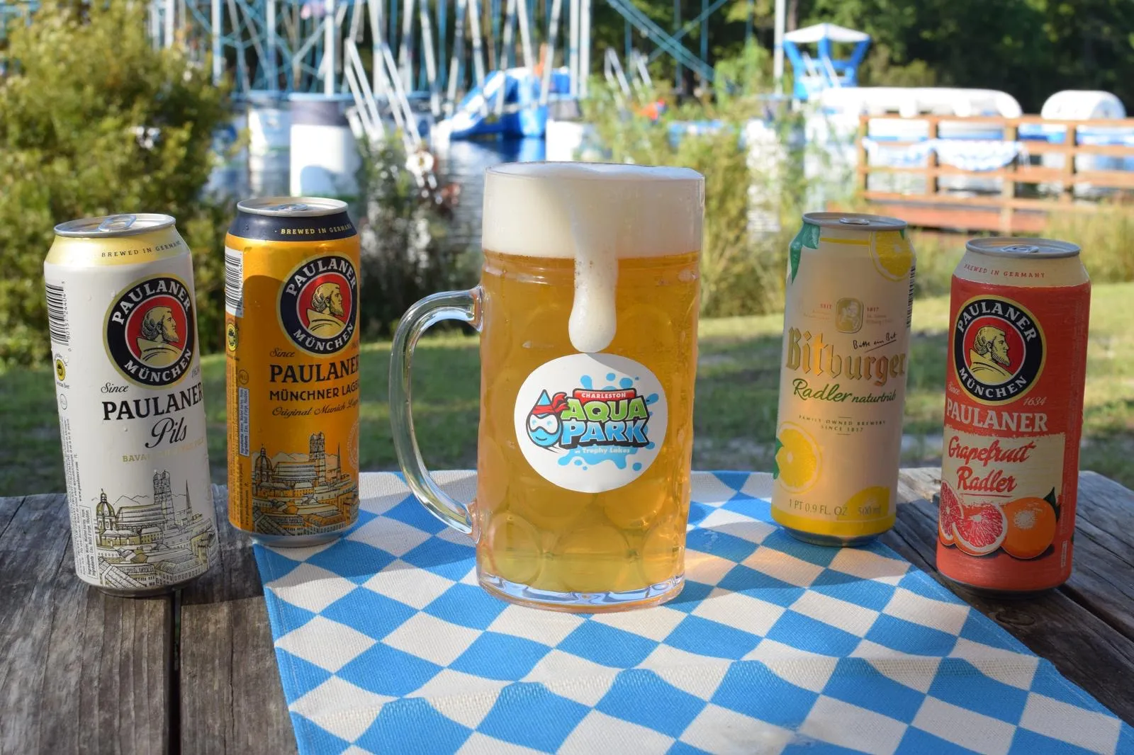 Paulaner and Hacker-Pschorr Oktoberfest beer in a one-liter stein on the lake at Charleston Aqua Park