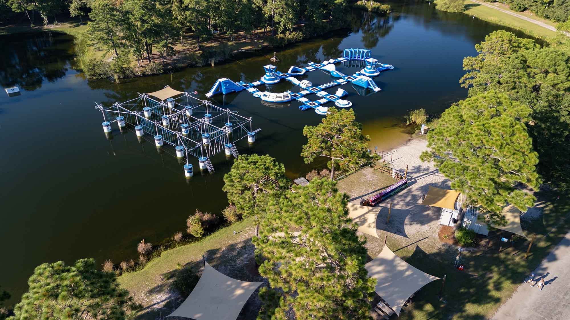 Bird's eye view of Charleston Aqua Park at Trophy Lakes